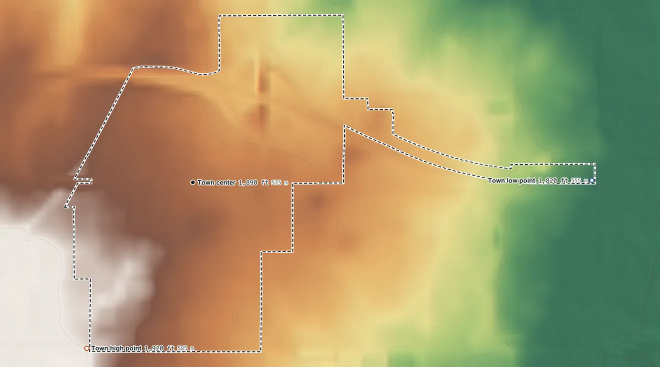 Topographic elevation map of Canute, Oklahoma, shaded from 1,820 ft on the east side to 1,920 ft on the southwest side