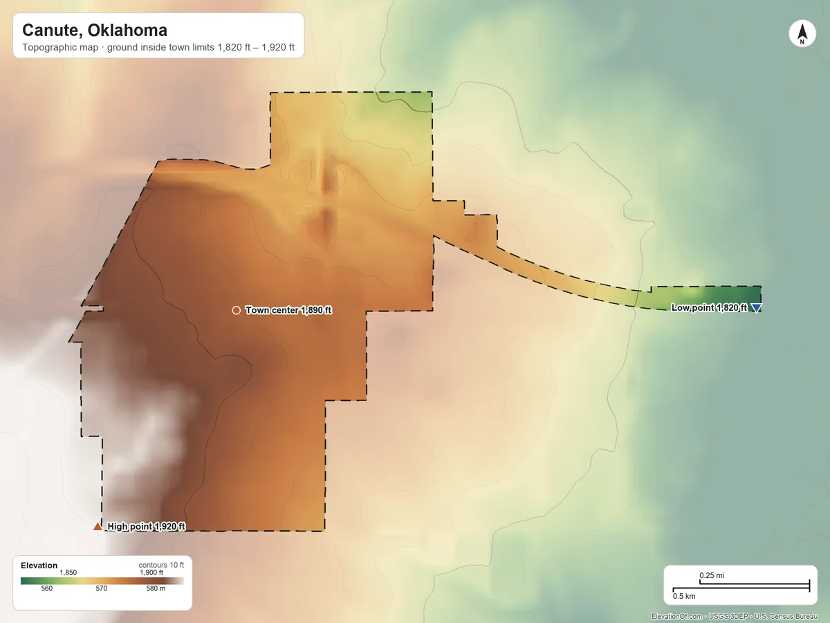 Topographic elevation map of Canute, Oklahoma, shaded from 1,820 ft on the east side to 1,920 ft on the southwest side