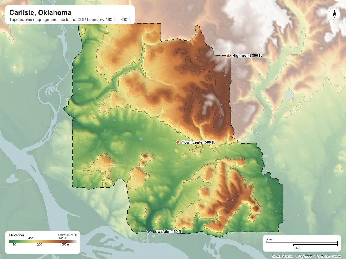 Topographic elevation map of Carlisle, Oklahoma, shaded from 460 ft on the south side to 890 ft on the northeast side