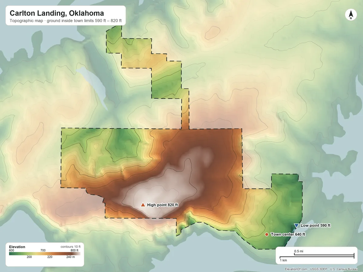 Topographic elevation map of Carlton Landing, Oklahoma, shaded from 590 ft near the middle to 820 ft on the west side