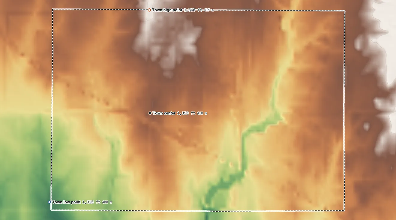 Topographic elevation map of Carmen, Oklahoma, shaded from 1,320 ft on the southwest side to 1,360 ft on the north side