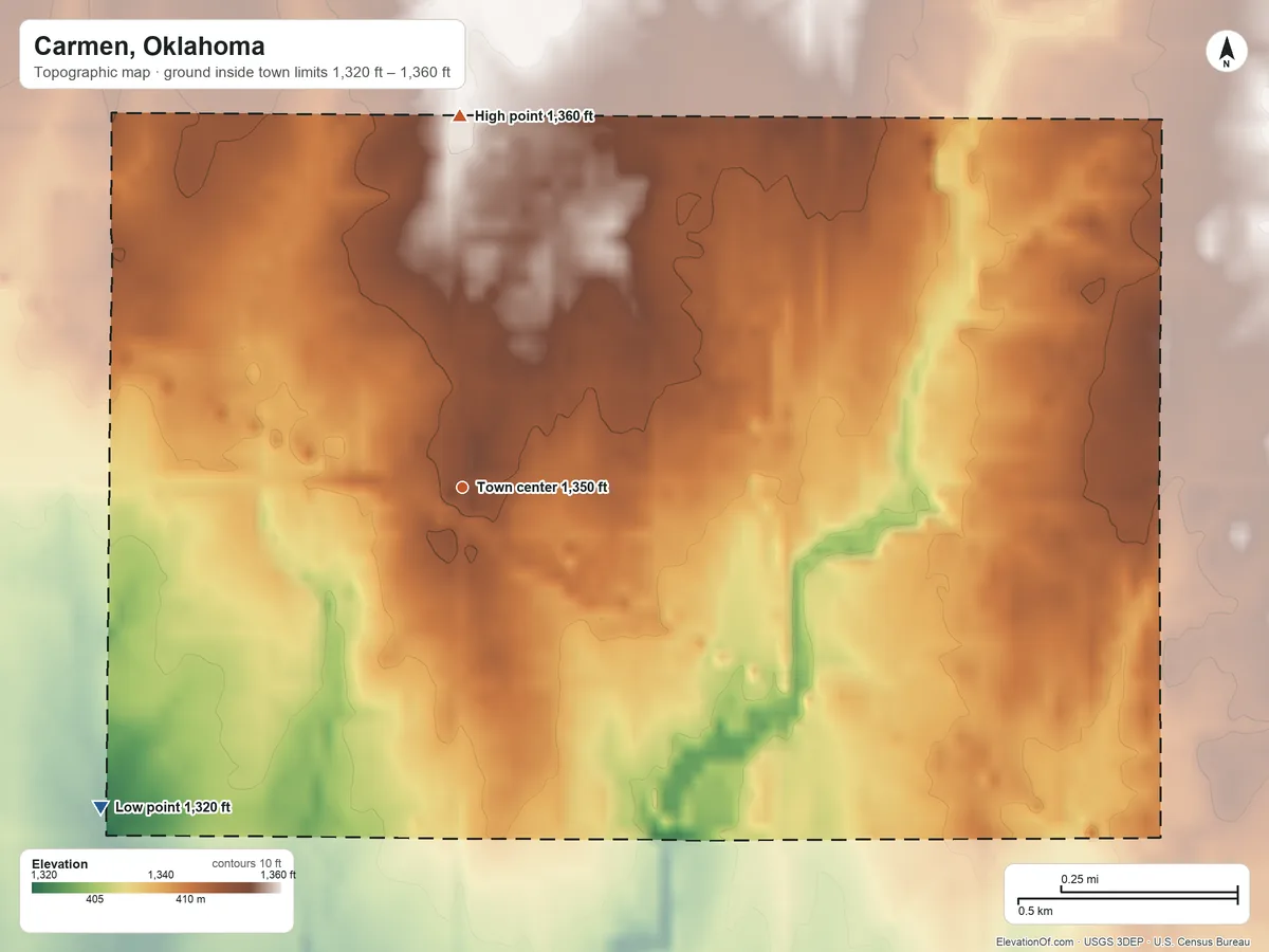 Topographic elevation map of Carmen, Oklahoma, shaded from 1,320 ft on the southwest side to 1,360 ft on the north side