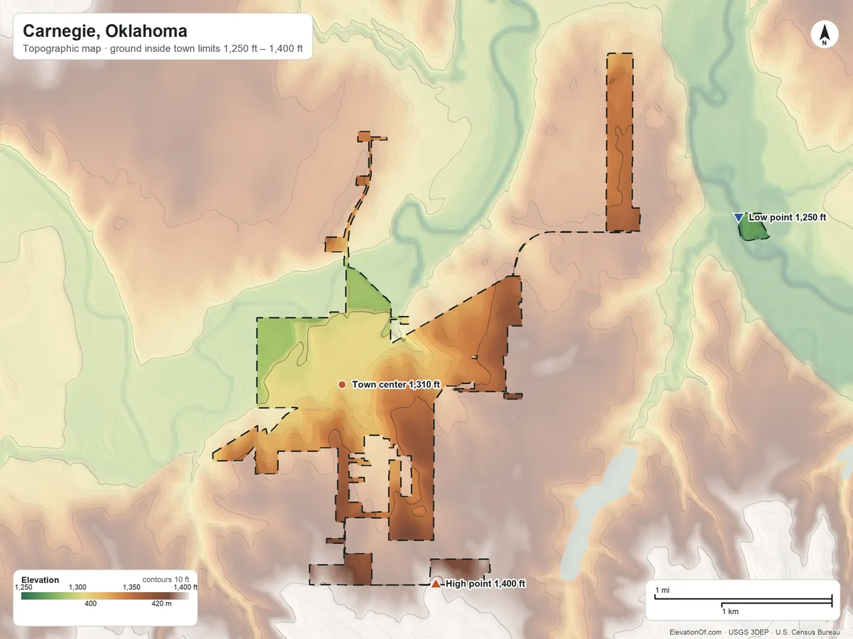 Topographic elevation map of Carnegie, Oklahoma, shaded from 1,250 ft on the northeast side to 1,400 ft on the southeast side