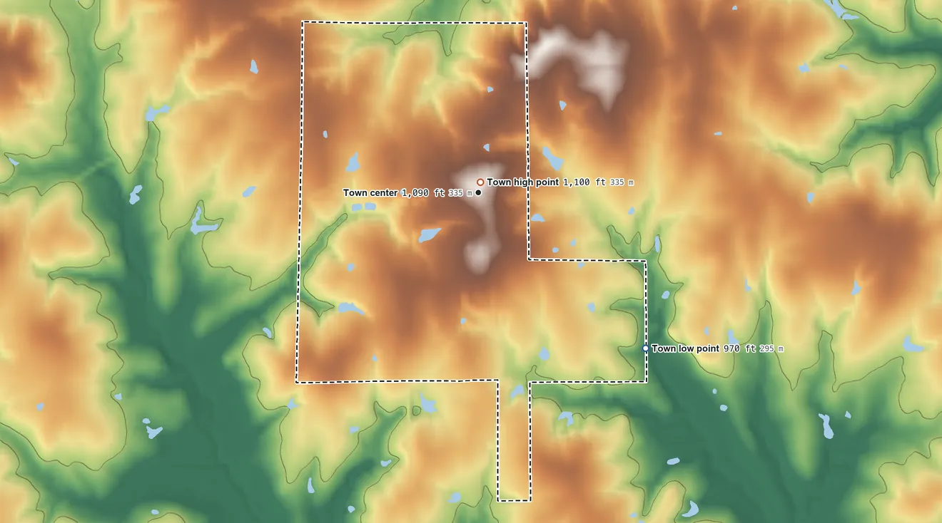 Topographic elevation map of Carney, Oklahoma, shaded from 970 ft on the southeast side to 1,100 ft near the middle