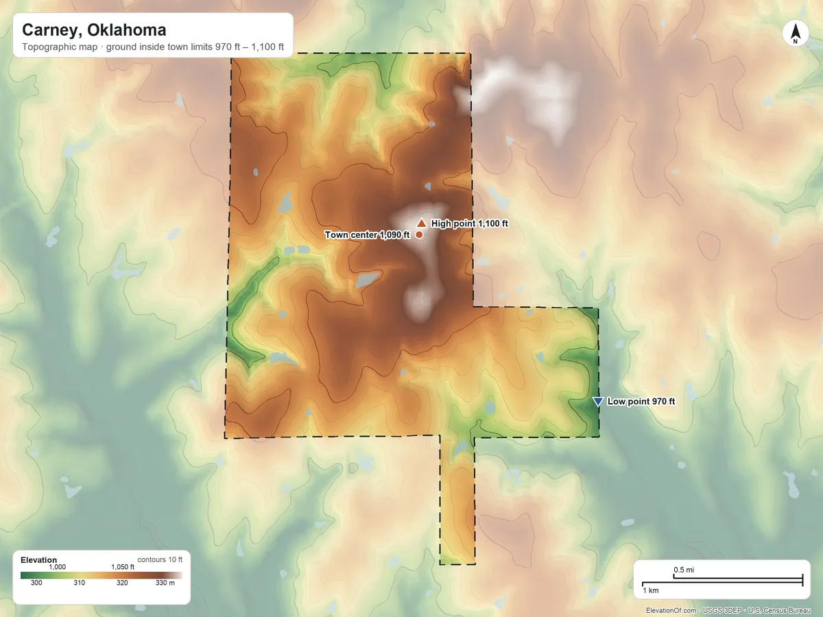 Topographic elevation map of Carney, Oklahoma, shaded from 970 ft on the southeast side to 1,100 ft near the middle