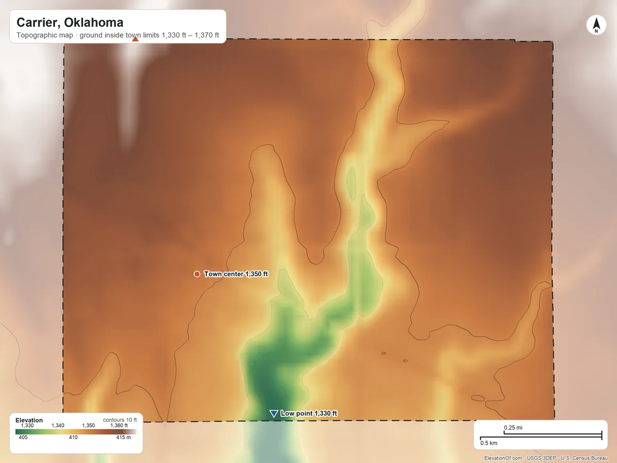 Topographic elevation map of Carrier, Oklahoma, shaded from 1,330 ft on the southeast side to 1,370 ft on the north side