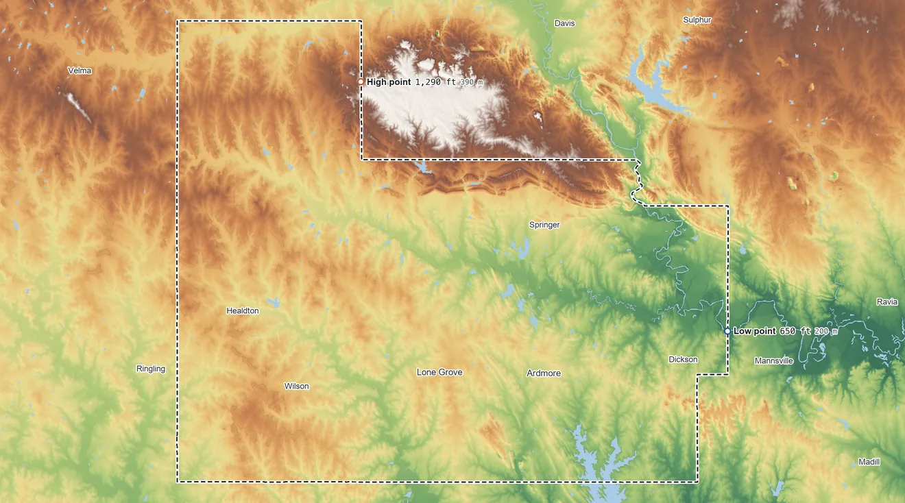Topographic elevation map of Carter County, Oklahoma, shaded from 650 ft on the east side to 1,290 ft on the northwest side