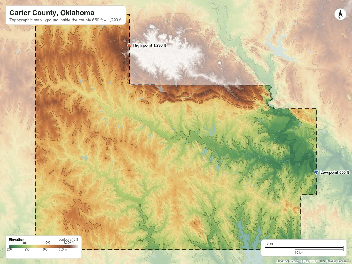 Topographic elevation map of Carter County, Oklahoma, shaded from 650 ft on the east side to 1,290 ft on the northwest side
