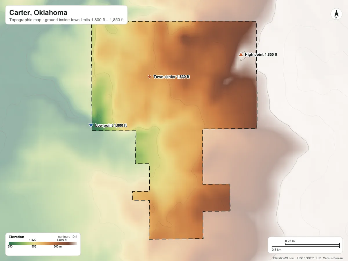 Topographic elevation map of Carter, Oklahoma, shaded from 1,800 ft on the southwest side to 1,850 ft on the east side