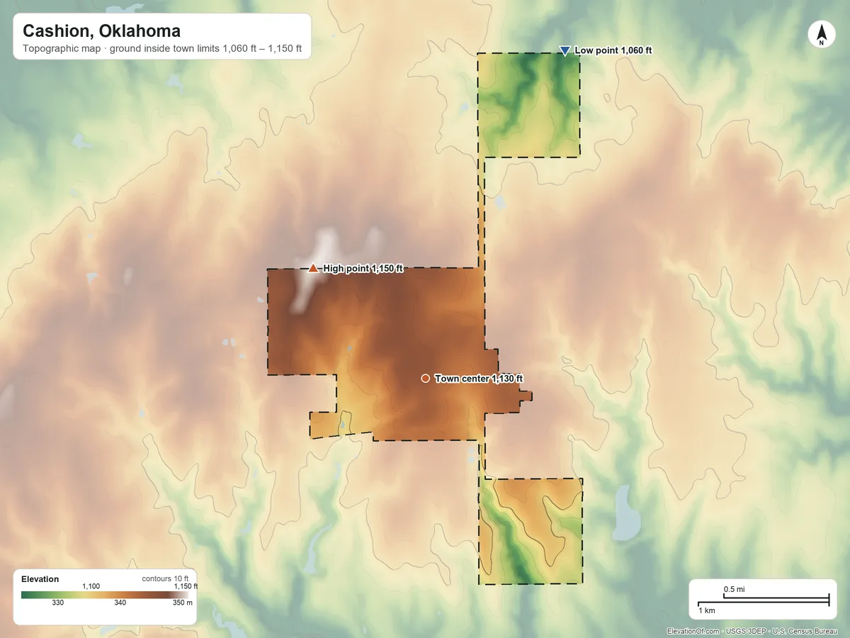 Topographic elevation map of Cashion, Oklahoma, shaded from 1,060 ft on the northeast side to 1,150 ft on the northwest side