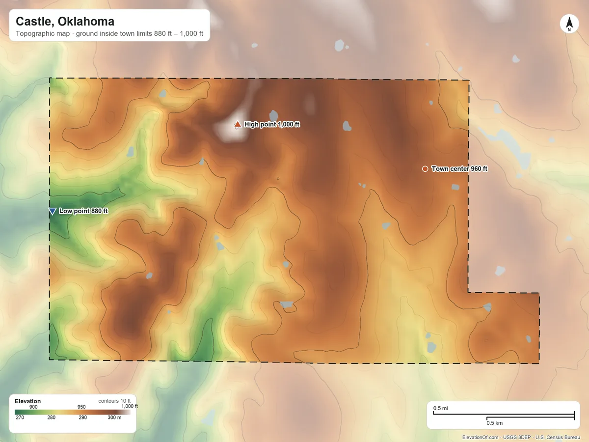 Topographic elevation map of Castle, Oklahoma, shaded from 880 ft on the west side to 1,000 ft on the west side