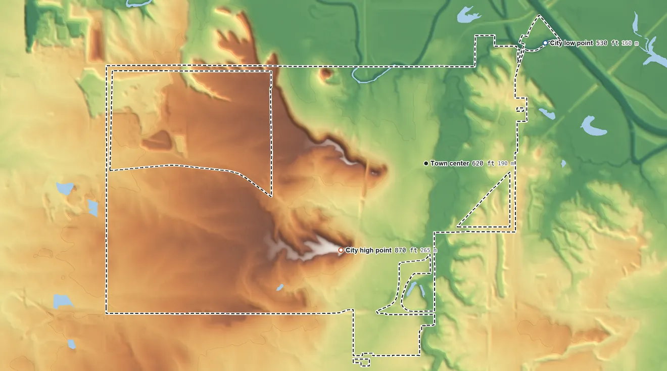 Topographic elevation map of Catoosa, Oklahoma, shaded from 530 ft on the northeast side to 870 ft on Indian Hills