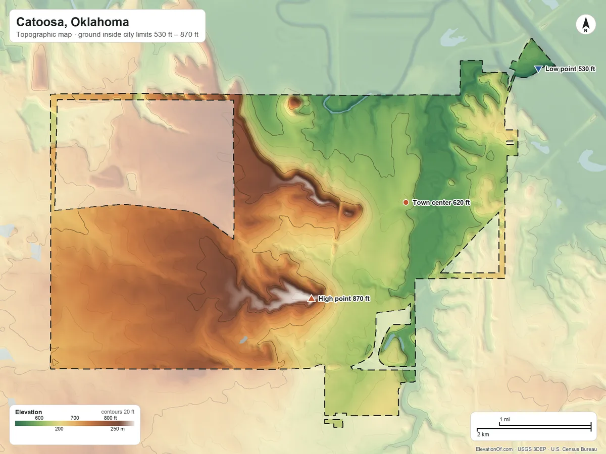 Topographic elevation map of Catoosa, Oklahoma, shaded from 530 ft on the northeast side to 870 ft on Indian Hills