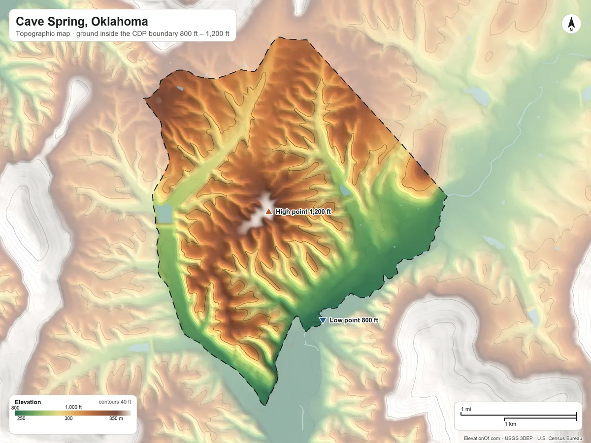 Topographic elevation map of Cave Spring, Oklahoma, shaded from 800 ft on the south side to 1,200 ft on the west side