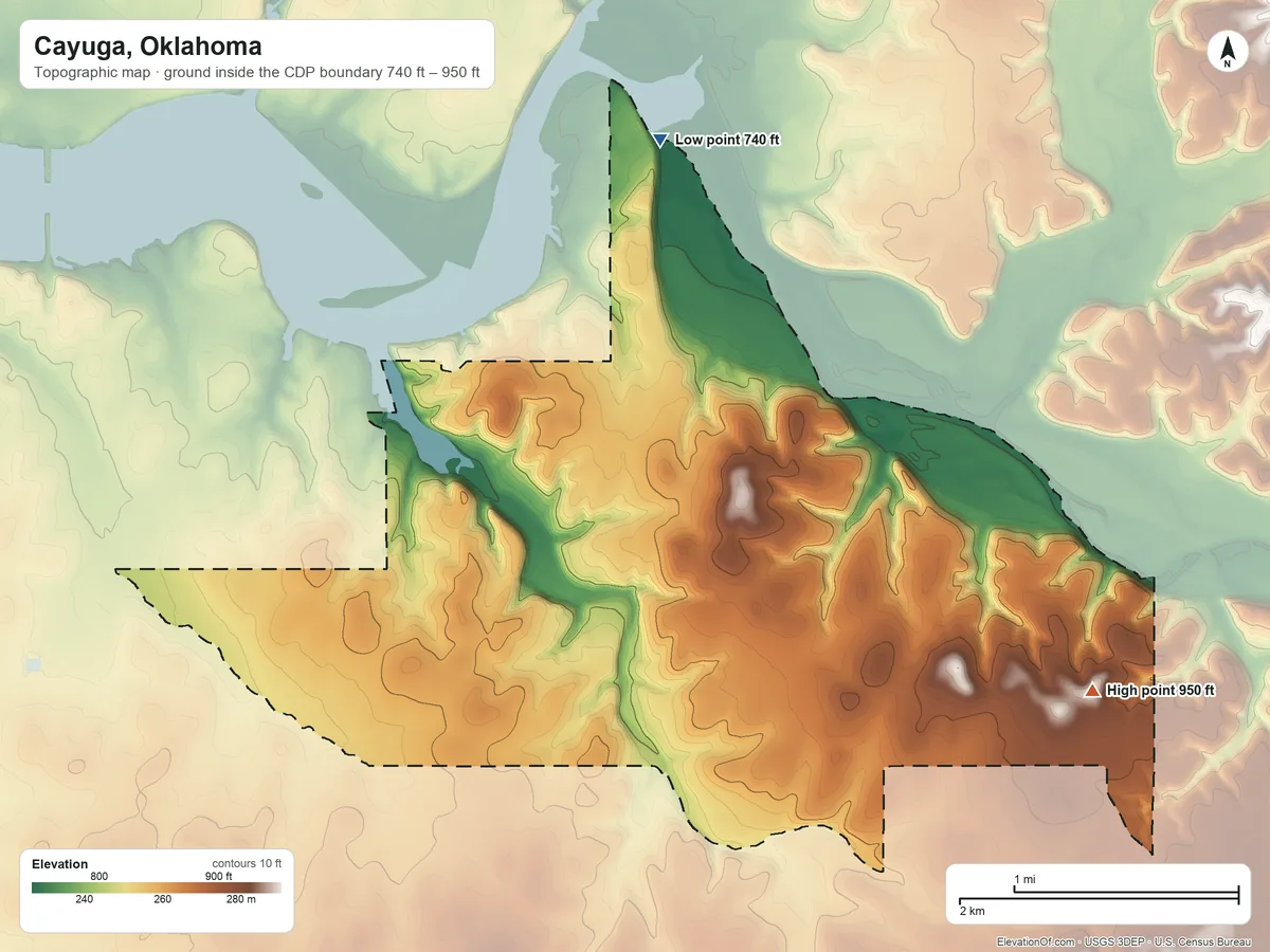 Topographic elevation map of Cayuga, Oklahoma, shaded from 740 ft on the north side to 950 ft on the east side