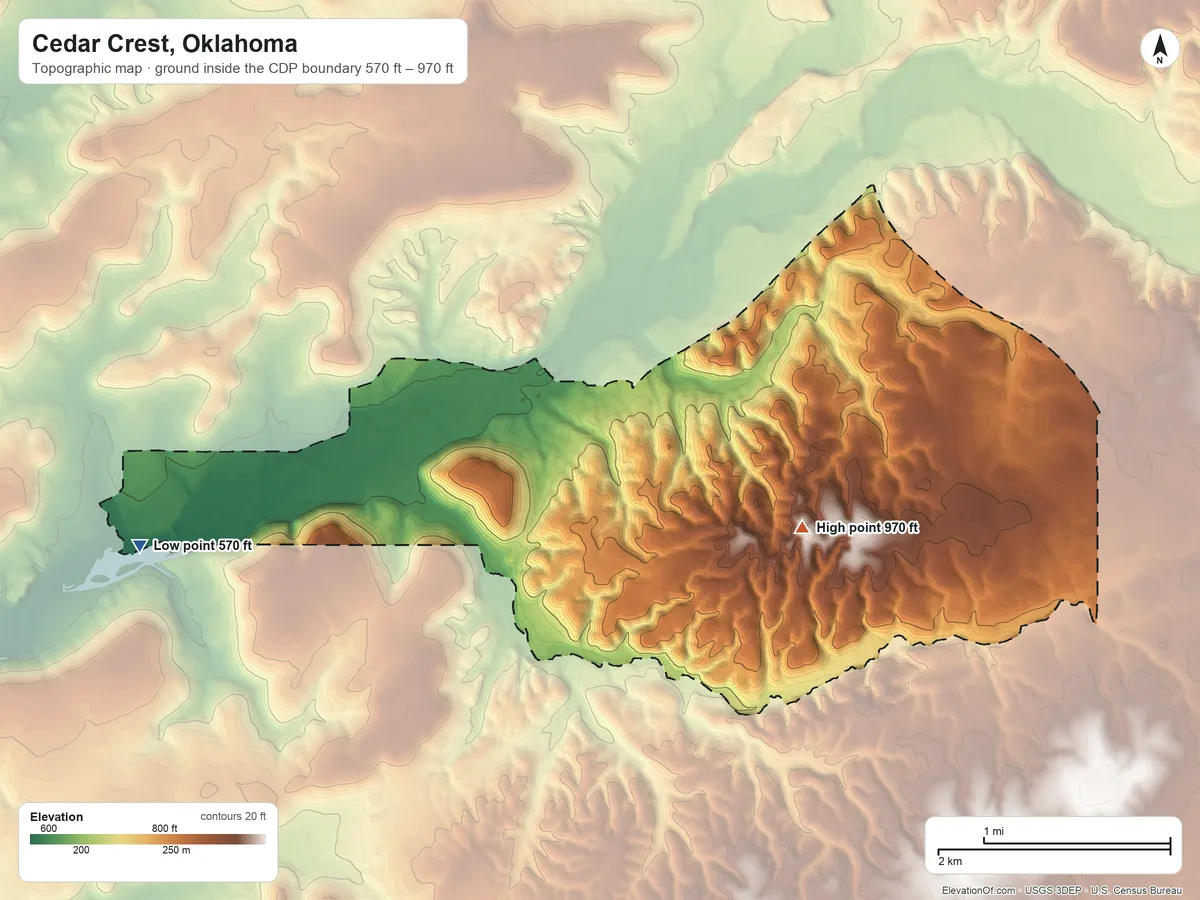 Topographic elevation map of Cedar Crest, Oklahoma, shaded from 570 ft on the west side to 970 ft near the middle