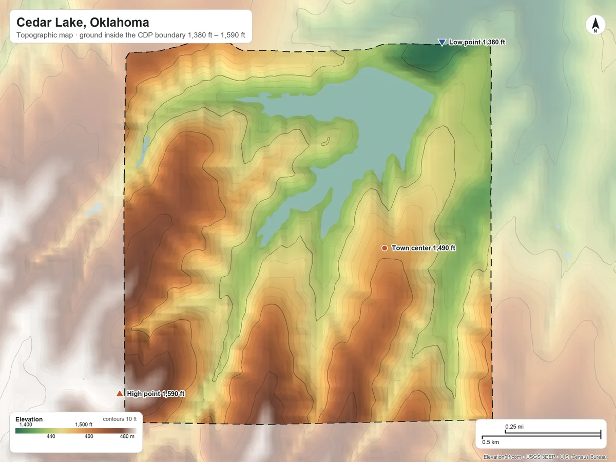 Topographic elevation map of Cedar Lake, Oklahoma, shaded from 1,380 ft on the north side to 1,590 ft on the southwest side