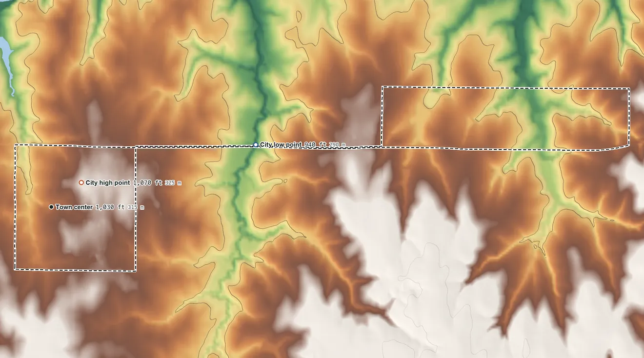 Topographic elevation map of Cedar Valley, Oklahoma, shaded from 940 ft on the east side to 1,070 ft near the middle