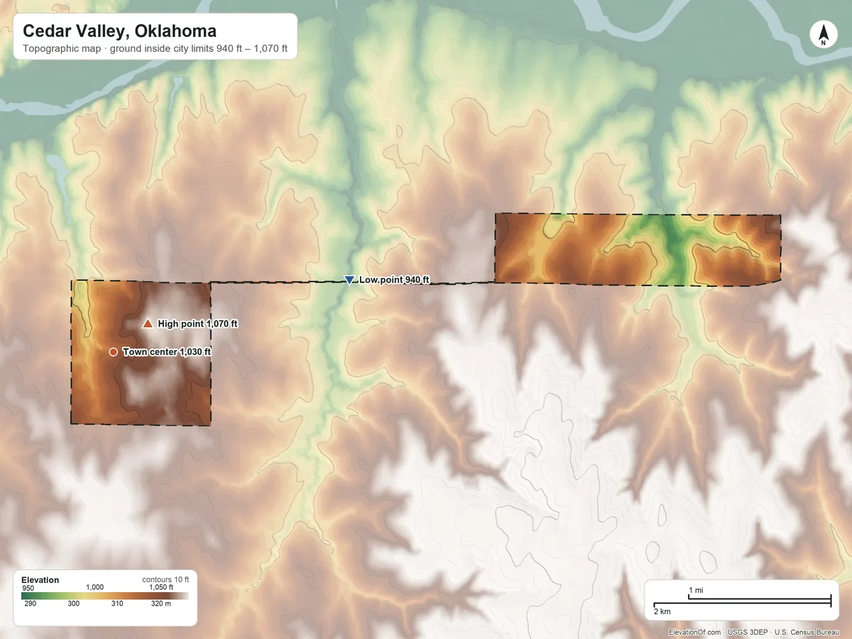 Topographic elevation map of Cedar Valley, Oklahoma, shaded from 940 ft on the east side to 1,070 ft near the middle