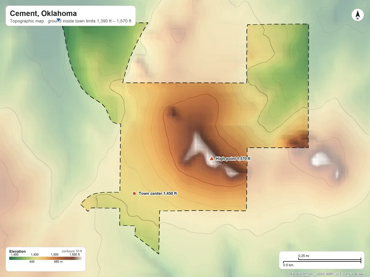 Topographic elevation map of Cement, Oklahoma, shaded from 1,390 ft on the northwest side to 1,570 ft on the northeast side