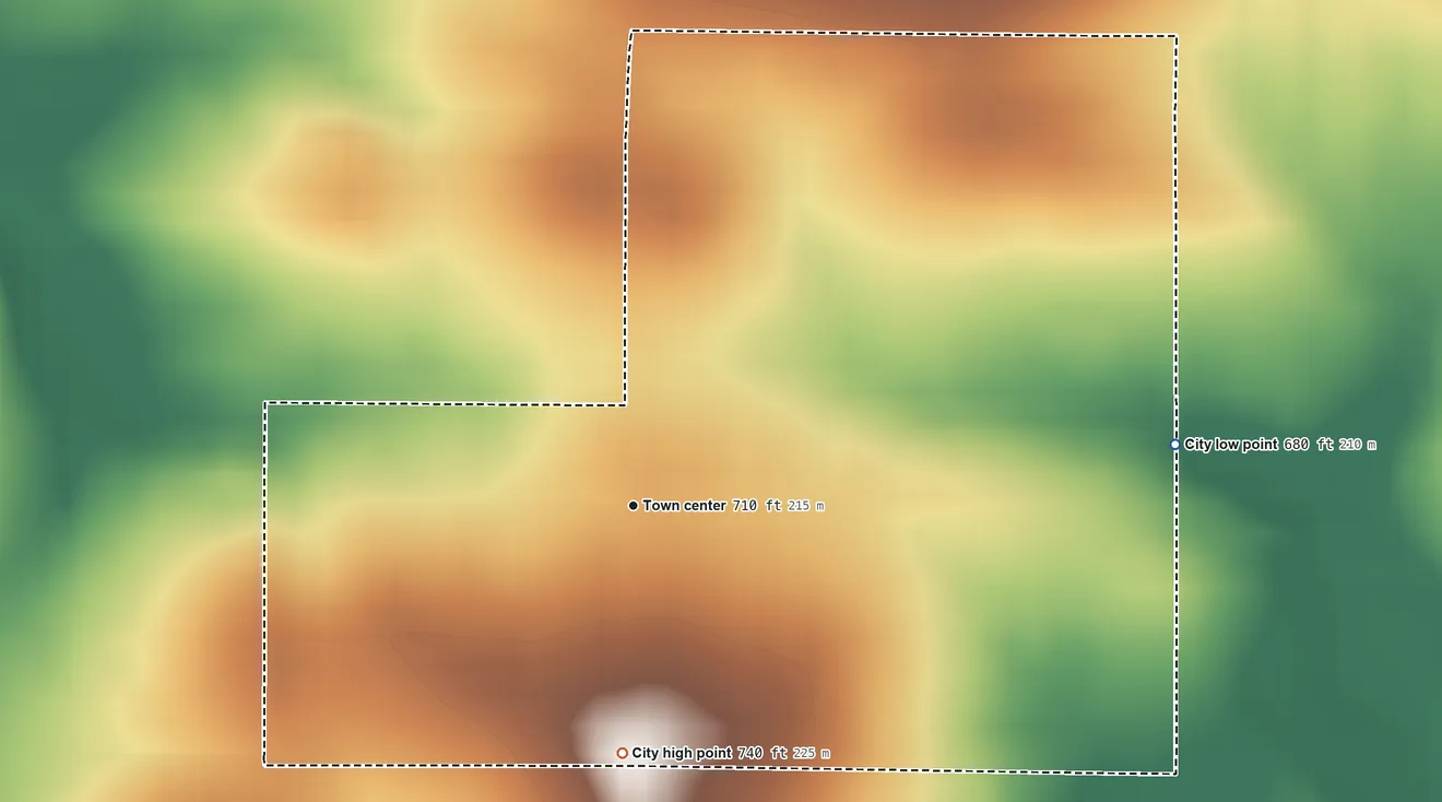 Topographic elevation map of Centrahoma, Oklahoma, shaded from 680 ft on the east side to 740 ft on the south side