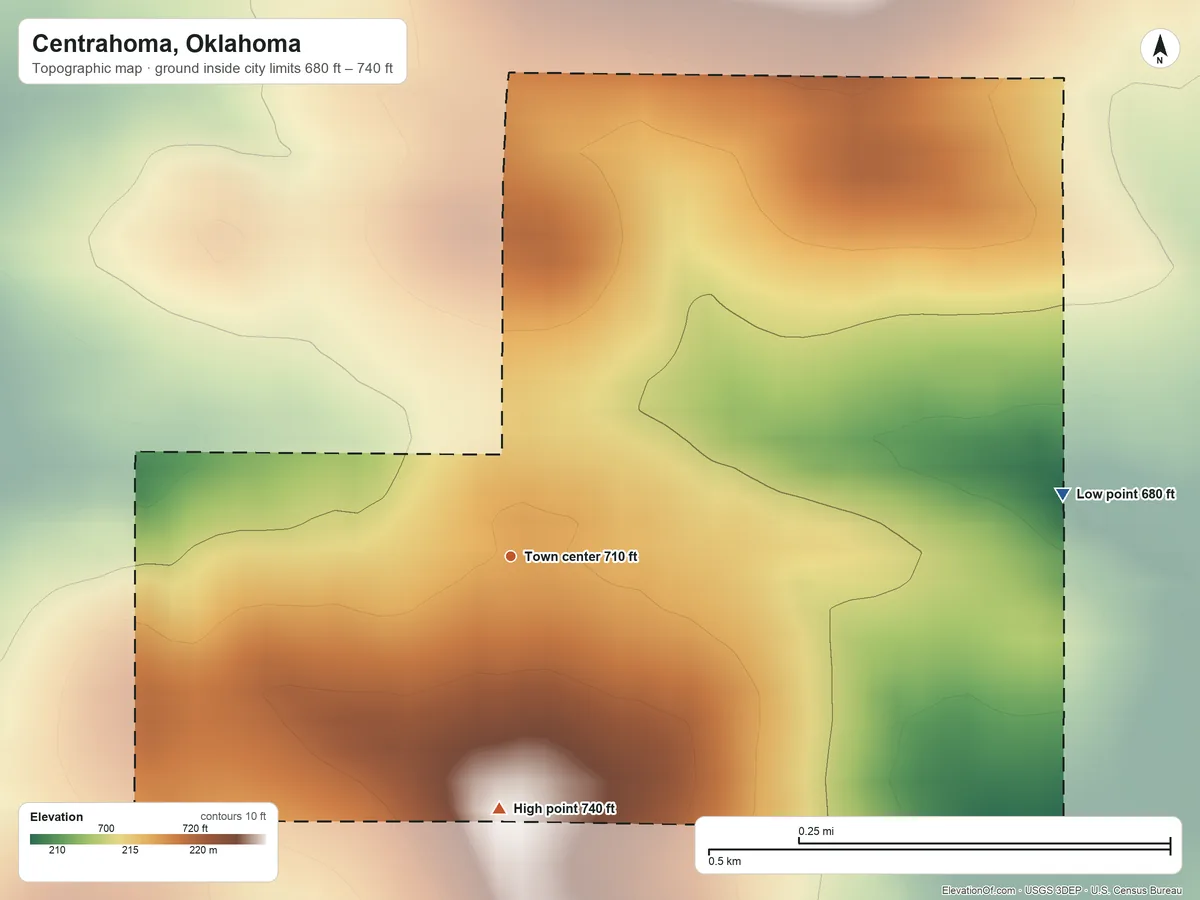 Topographic elevation map of Centrahoma, Oklahoma, shaded from 680 ft on the east side to 740 ft on the south side