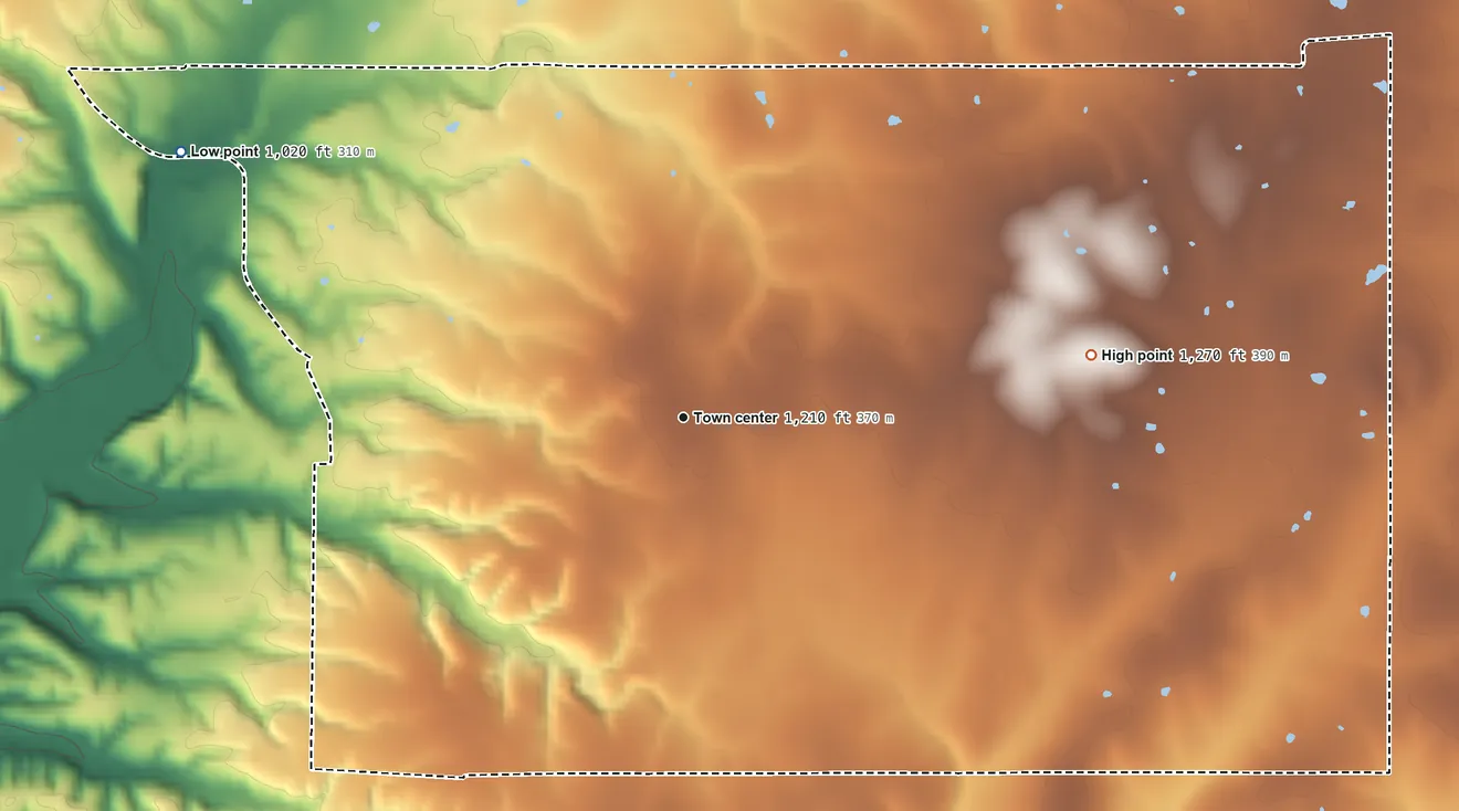 Topographic elevation map of Chance, Oklahoma, shaded from 1,020 ft on the northwest side to 1,270 ft on the east side
