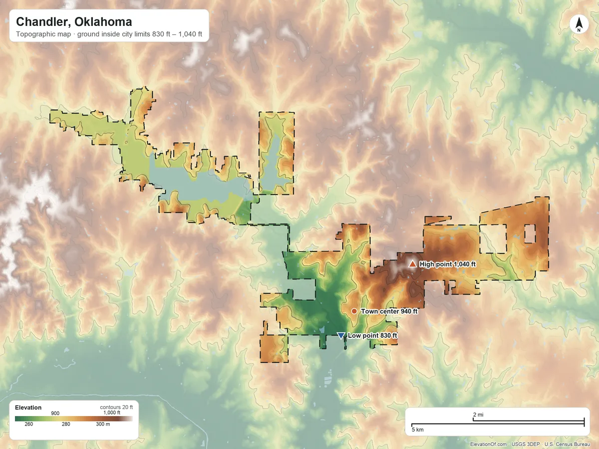 Topographic elevation map of Chandler, Oklahoma, shaded from 830 ft near the middle to 1,040 ft on the northeast side