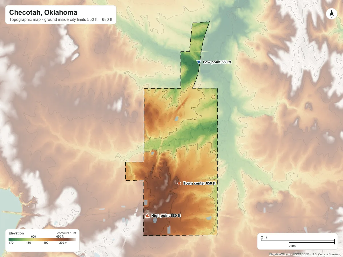 Topographic elevation map of Checotah, Oklahoma, shaded from 550 ft on the north side to 680 ft on the southwest side