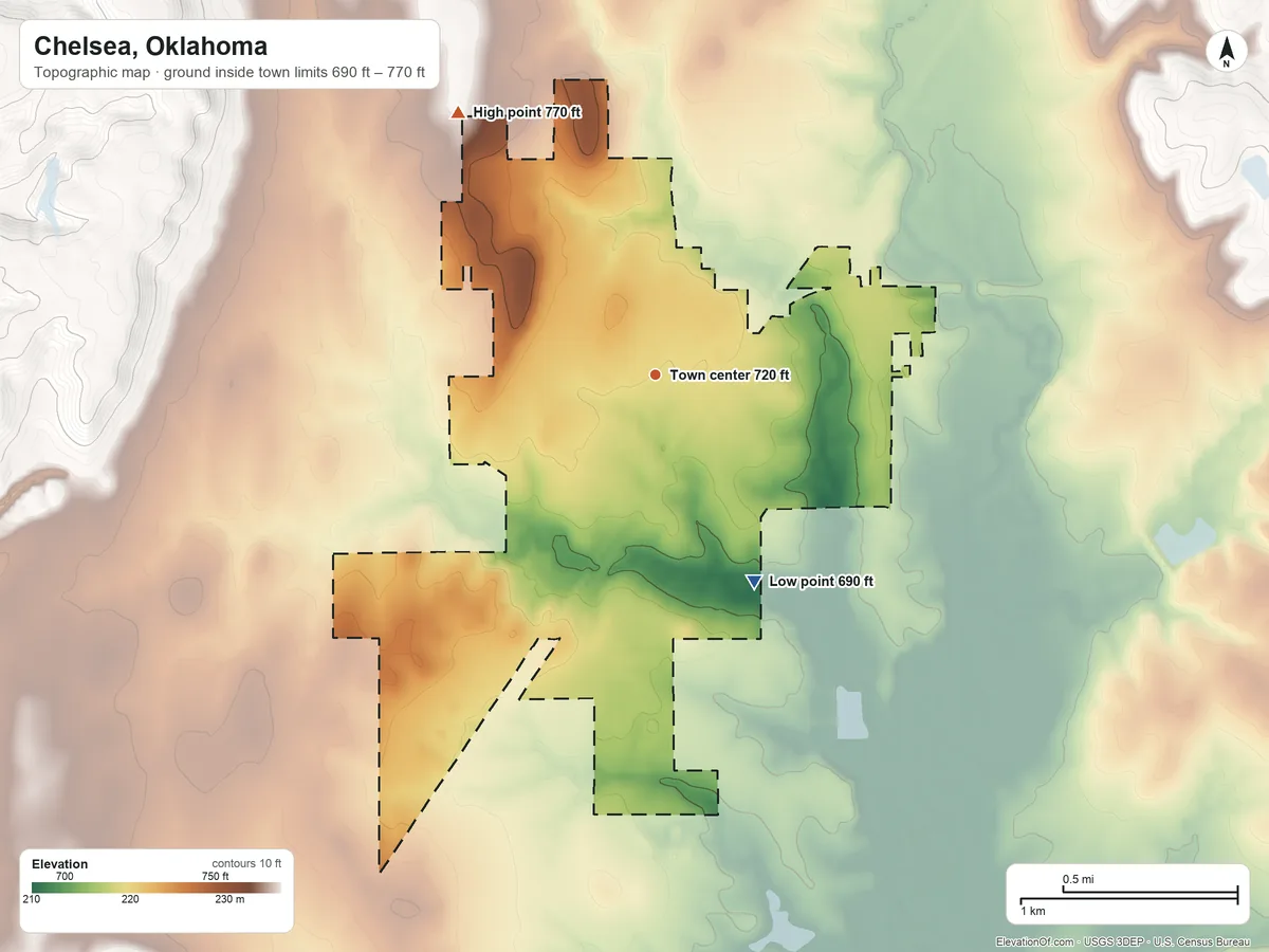 Topographic elevation map of Chelsea, Oklahoma, shaded from 690 ft on the southeast side to 770 ft on the northwest side