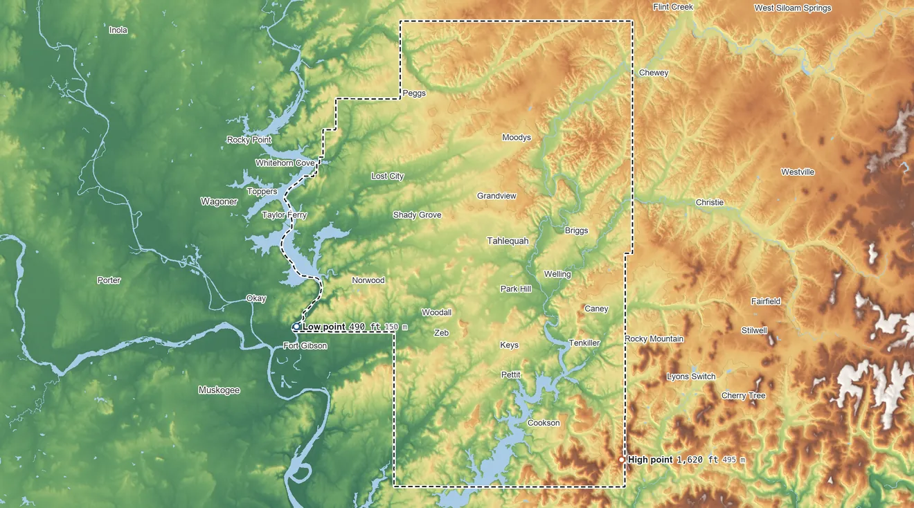 Topographic elevation map of Cherokee County, Oklahoma, shaded from 490 ft on the southwest side to 1,620 ft on Beaver Mountain