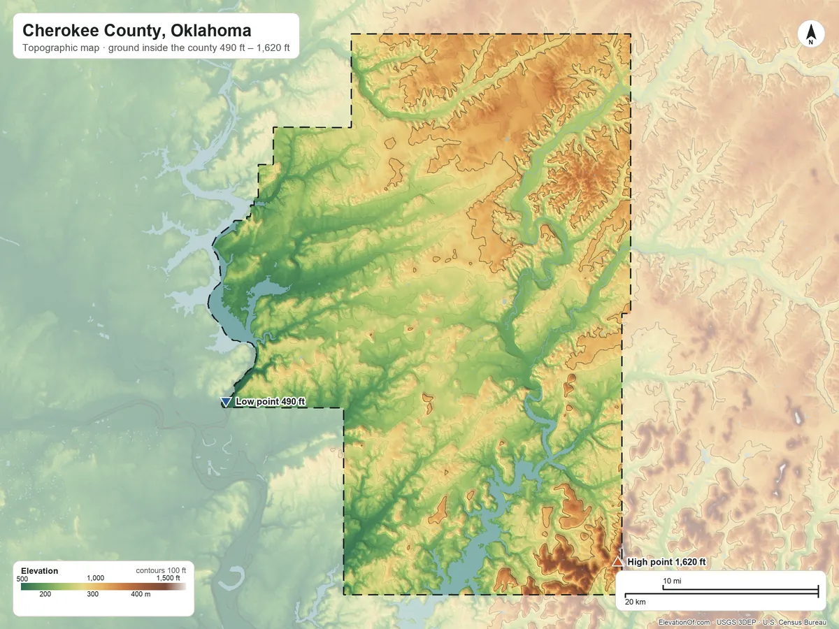 Topographic elevation map of Cherokee County, Oklahoma, shaded from 490 ft on the southwest side to 1,620 ft on Beaver Mountain