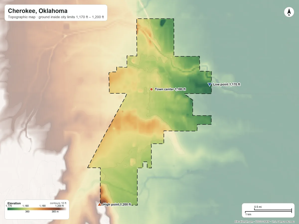 Topographic elevation map of Cherokee, Oklahoma, shaded from 1,170 ft on the east side to 1,200 ft on the southwest side