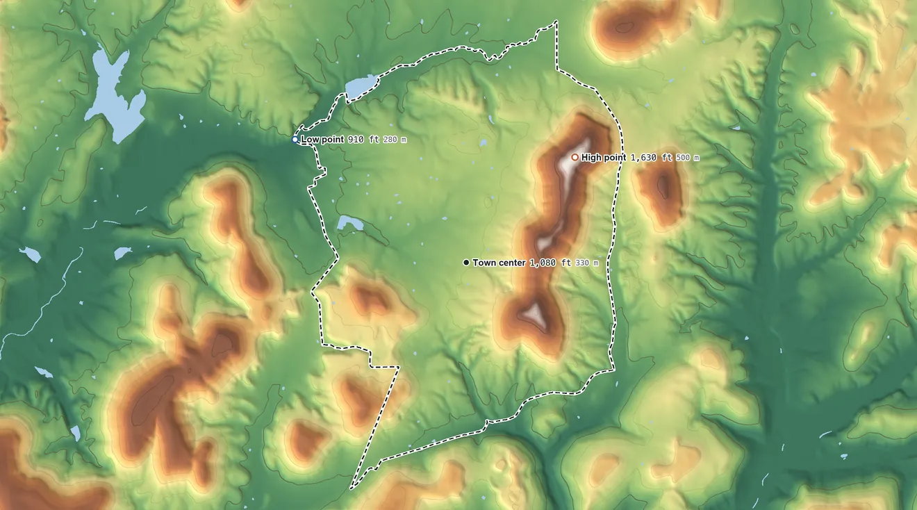 Topographic elevation map of Cherry Tree, Oklahoma, shaded from 910 ft on the northwest side to 1,630 ft on Doublehead Mountain