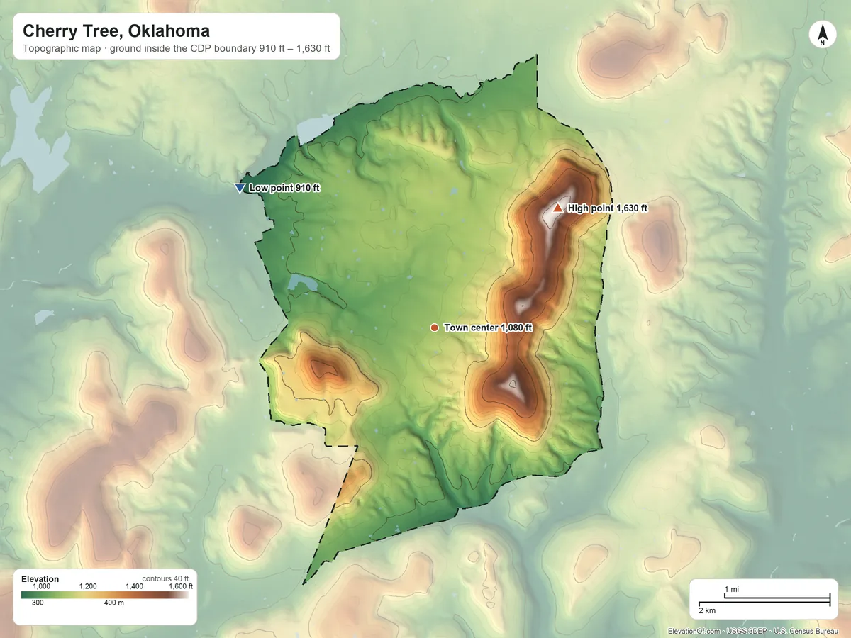 Topographic elevation map of Cherry Tree, Oklahoma, shaded from 910 ft on the northwest side to 1,630 ft on Doublehead Mountain