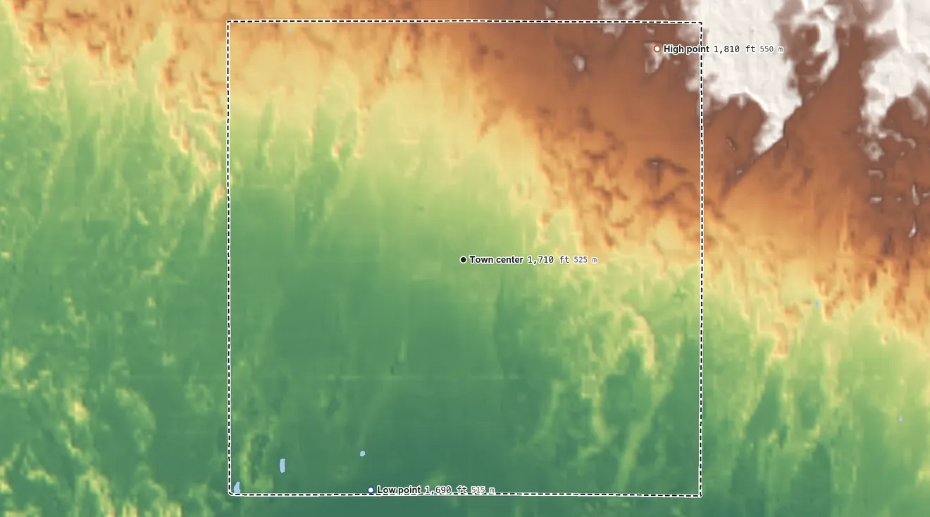 Topographic elevation map of Chester, Oklahoma, shaded from 1,690 ft on the south side to 1,810 ft on the northeast side