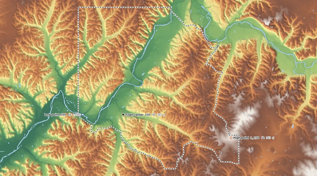Topographic elevation map of Chewey, Oklahoma, shaded from 800 ft on the west side to 1,190 ft on the east side