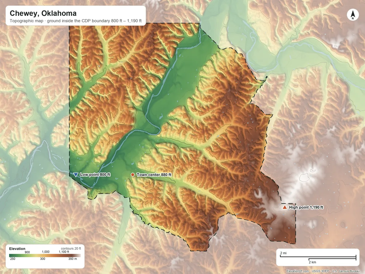 Topographic elevation map of Chewey, Oklahoma, shaded from 800 ft on the west side to 1,190 ft on the east side