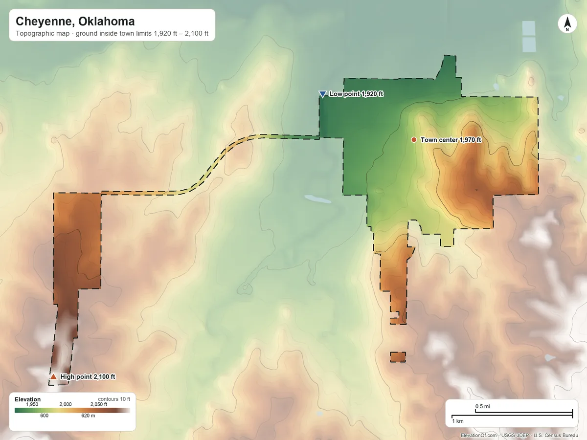 Topographic elevation map of Cheyenne, Oklahoma, shaded from 1,920 ft on the northwest side to 2,100 ft on the southwest side