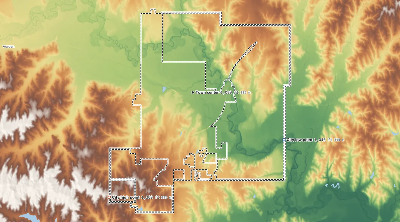 Topographic elevation map of Chickasha, Oklahoma, shaded from 1,040 ft on the southeast side to 1,300 ft on the southwest side