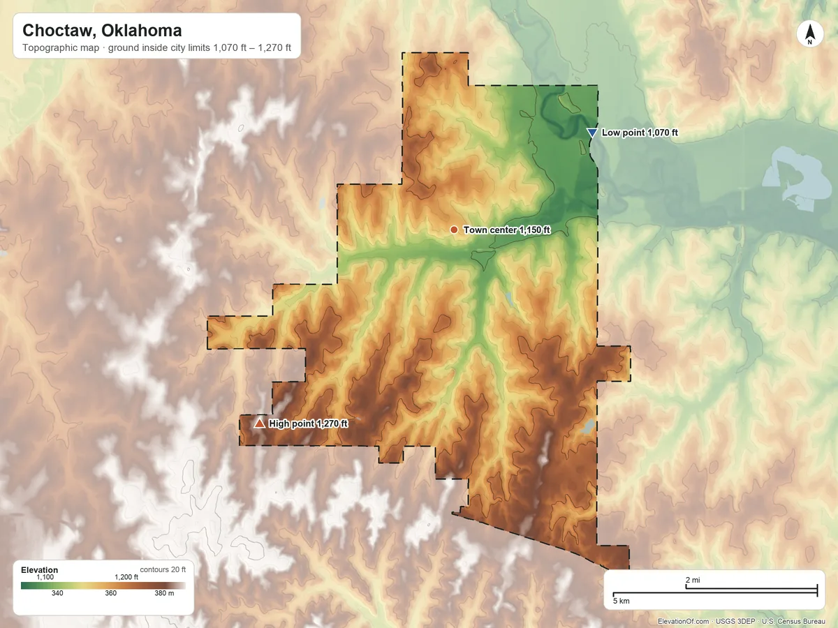 Topographic elevation map of Choctaw, Oklahoma, shaded from 1,070 ft on the northeast side to 1,270 ft on the southwest side