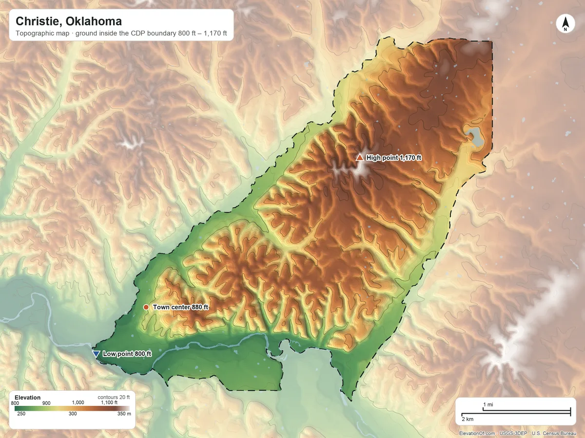 Topographic elevation map of Christie, Oklahoma, shaded from 800 ft on the southwest side to 1,170 ft on the northeast side