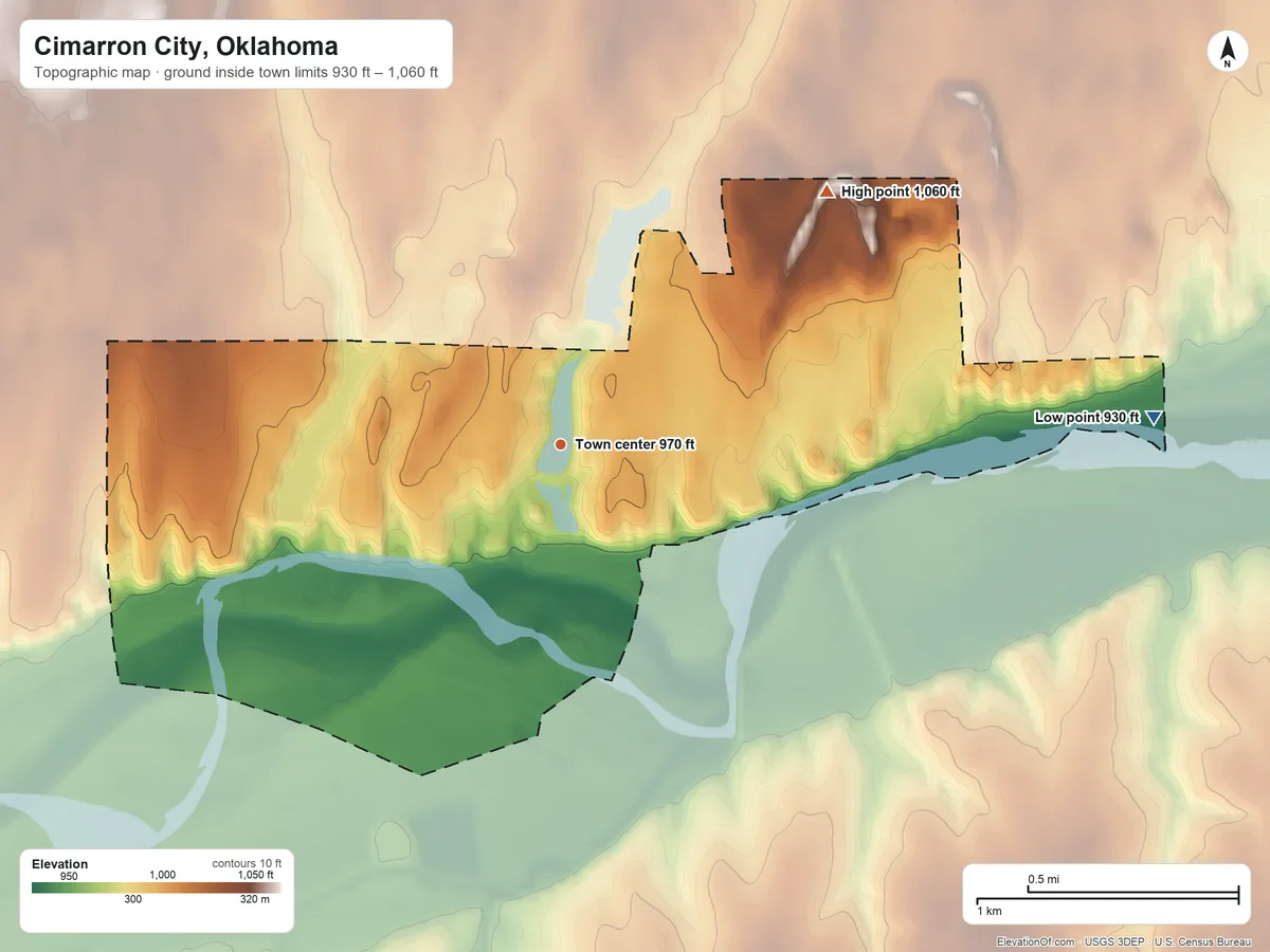 Topographic elevation map of Cimarron City, Oklahoma, shaded from 930 ft on the east side to 1,060 ft on the northeast side