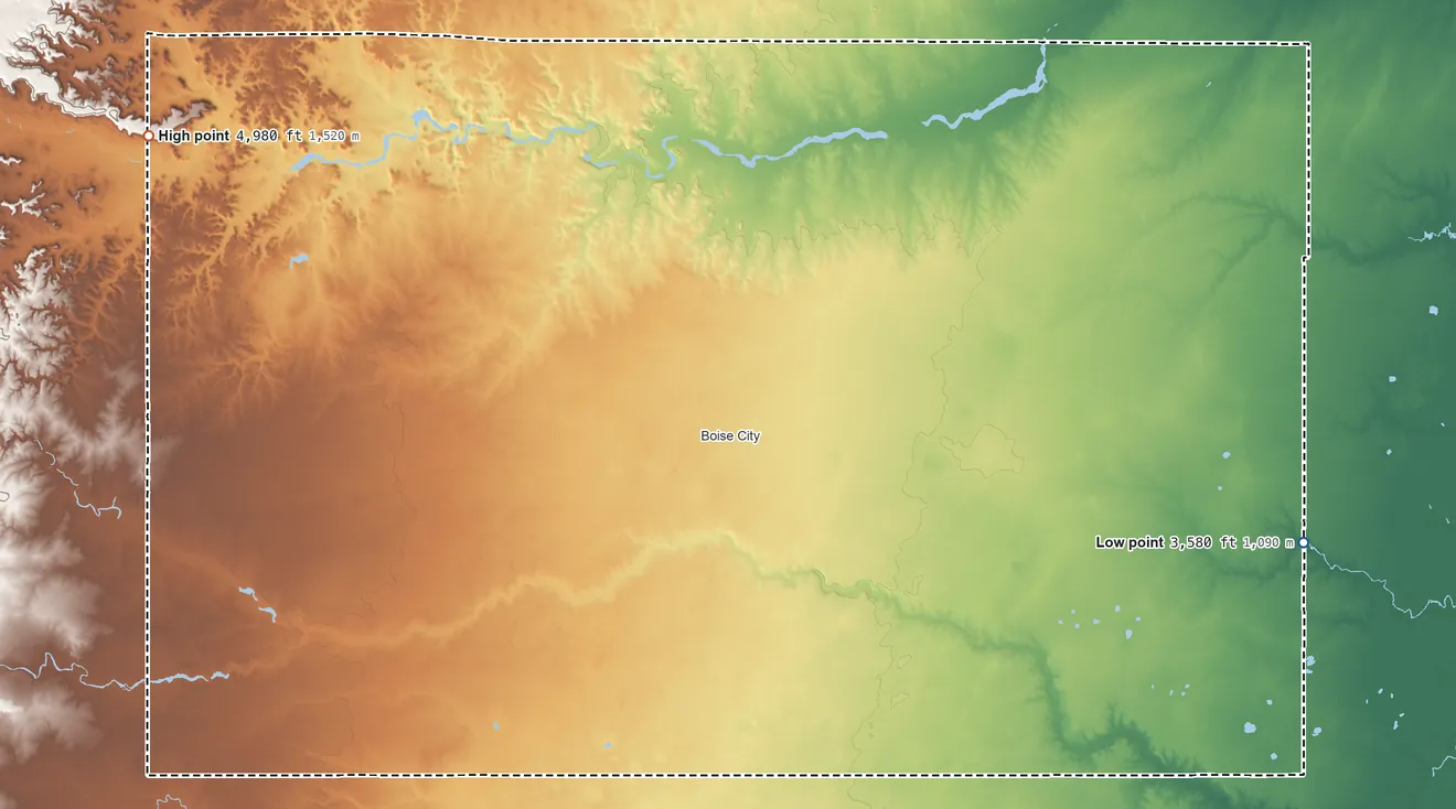 Topographic elevation map of Cimarron County, Oklahoma, shaded from 3,580 ft on the east side to 4,980 ft on the northwest side