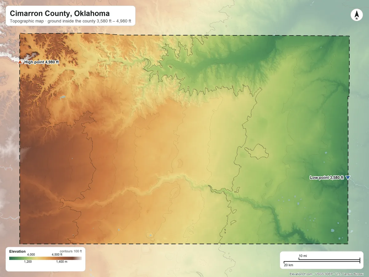 Topographic elevation map of Cimarron County, Oklahoma, shaded from 3,580 ft on the east side to 4,980 ft on the northwest side