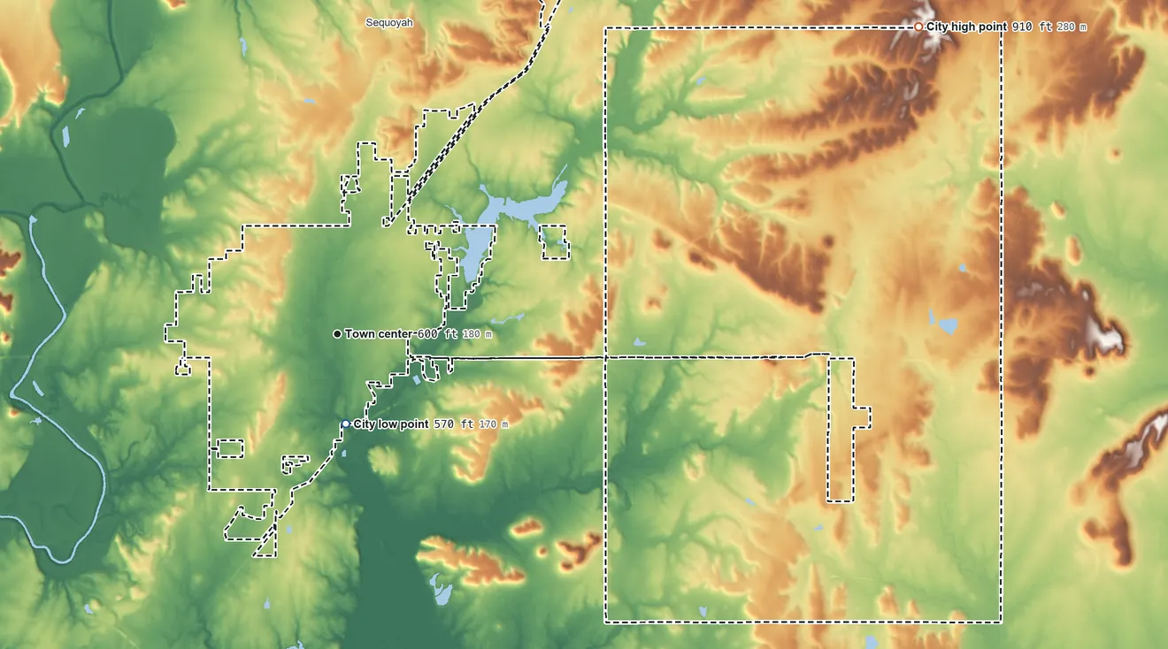 Topographic elevation map of Claremore, Oklahoma, shaded from 570 ft near the middle to 910 ft on the northeast side