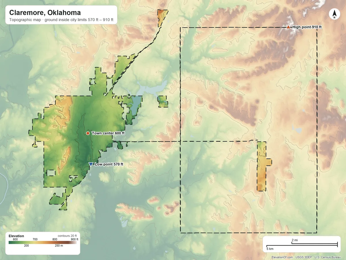 Topographic elevation map of Claremore, Oklahoma, shaded from 570 ft near the middle to 910 ft on the northeast side