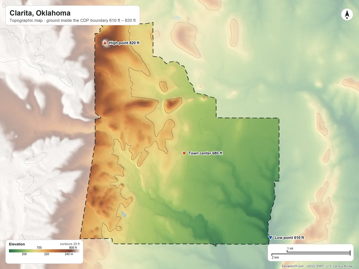 Topographic elevation map of Clarita, Oklahoma, shaded from 610 ft on the southeast side to 820 ft on the northwest side