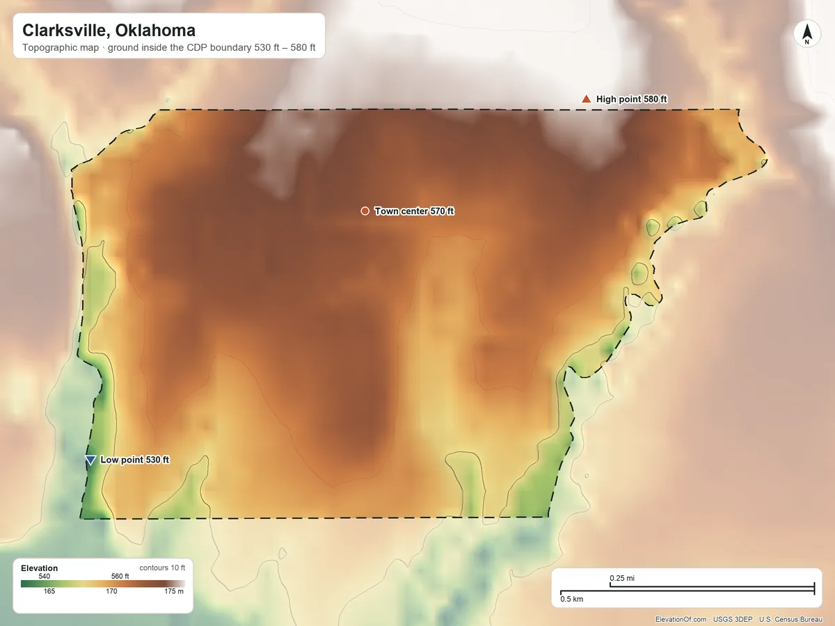 Topographic elevation map of Clarksville, Oklahoma, shaded from 530 ft on the southwest side to 580 ft on the northeast side