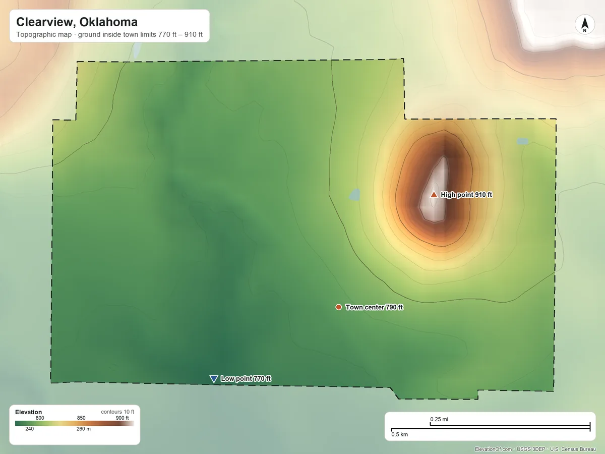 Topographic elevation map of Clearview, Oklahoma, shaded from 770 ft on the southwest side to 910 ft on the northeast side
